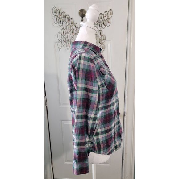 Eddie Bauer Button Down Flannel Women's S Petie Plaid Purple & Green 100% Cotton - Picture 4 of 15